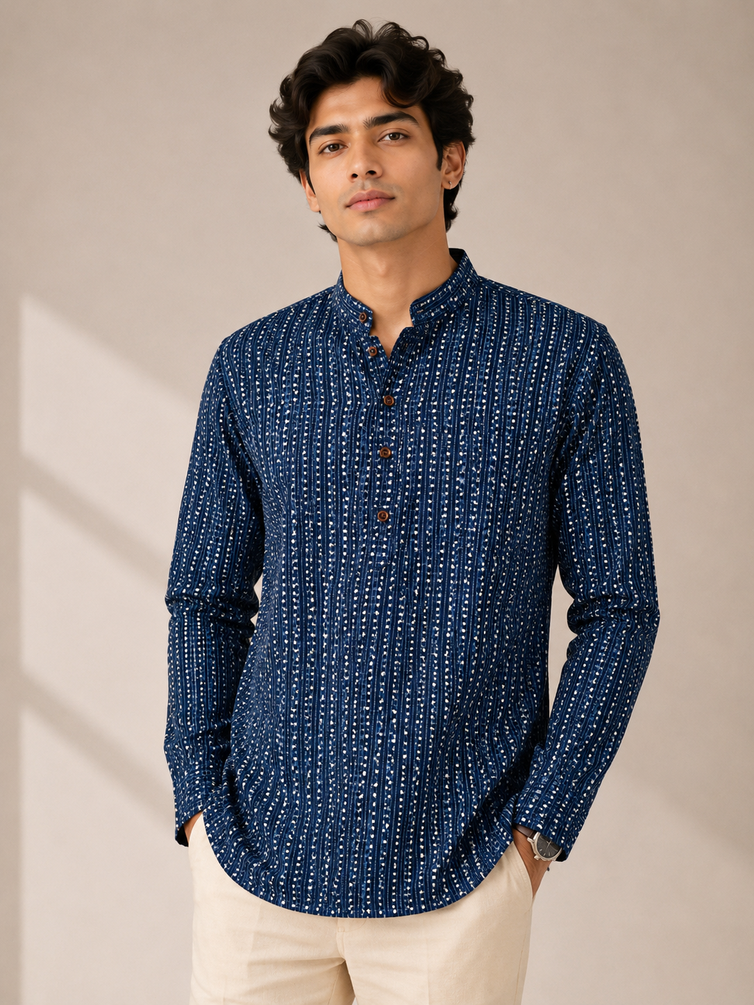 Men’s Indigo Sanganeri Print Cotton Short Kurta