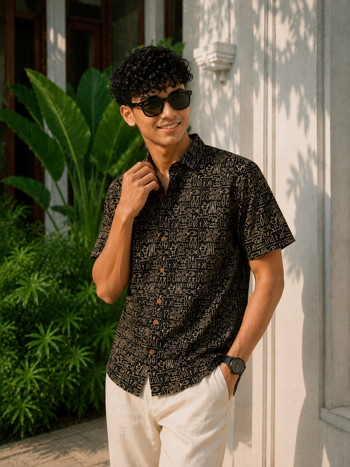 Men’s Black Sanganeri Print Half Sleeve Casual Shirt
