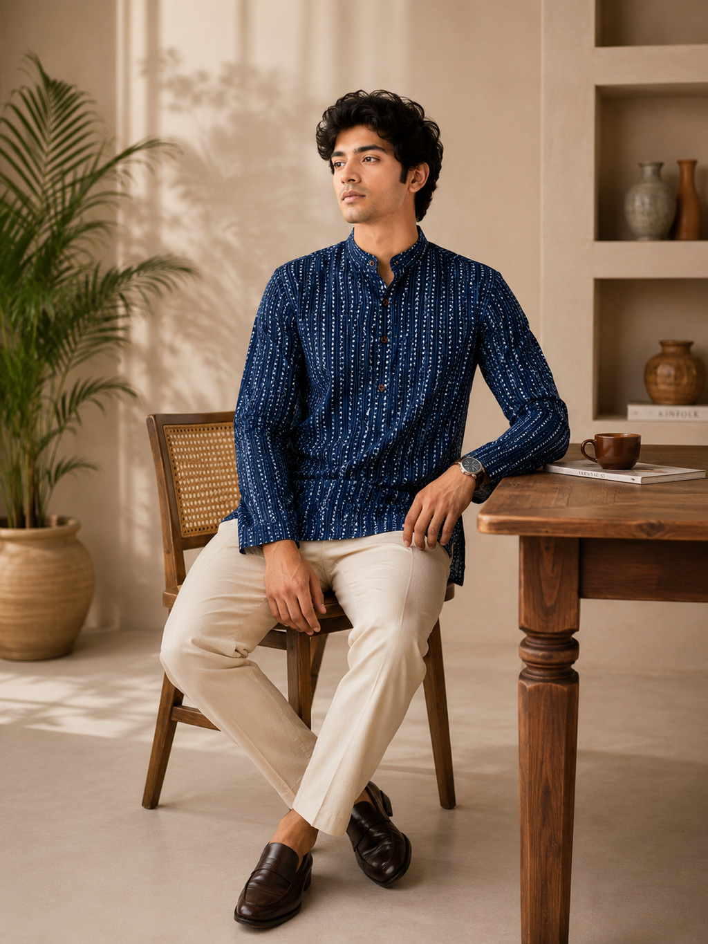Men’s Indigo Sanganeri Print Cotton Short Kurta
