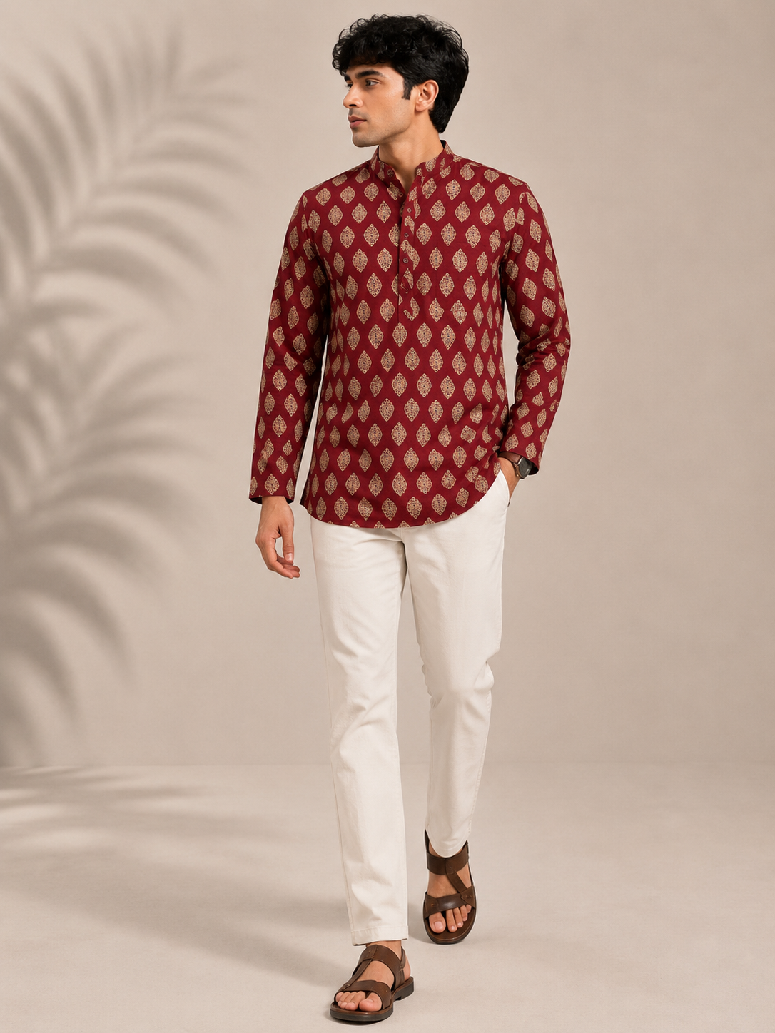 Men's Maroon Sanganeri Print Cotton Short Kurta
