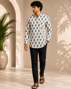 Men’s Ivory Blue Sanganeri Print Cotton Short Kurta
