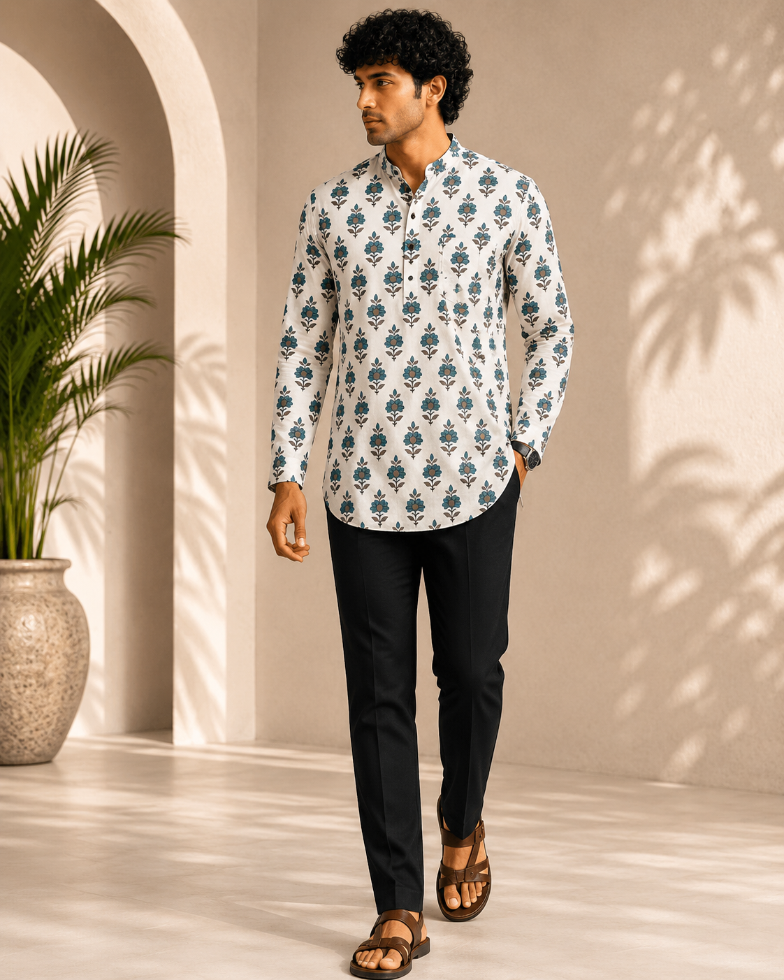 Men’s Ivory Blue Sanganeri Print Cotton Short Kurta