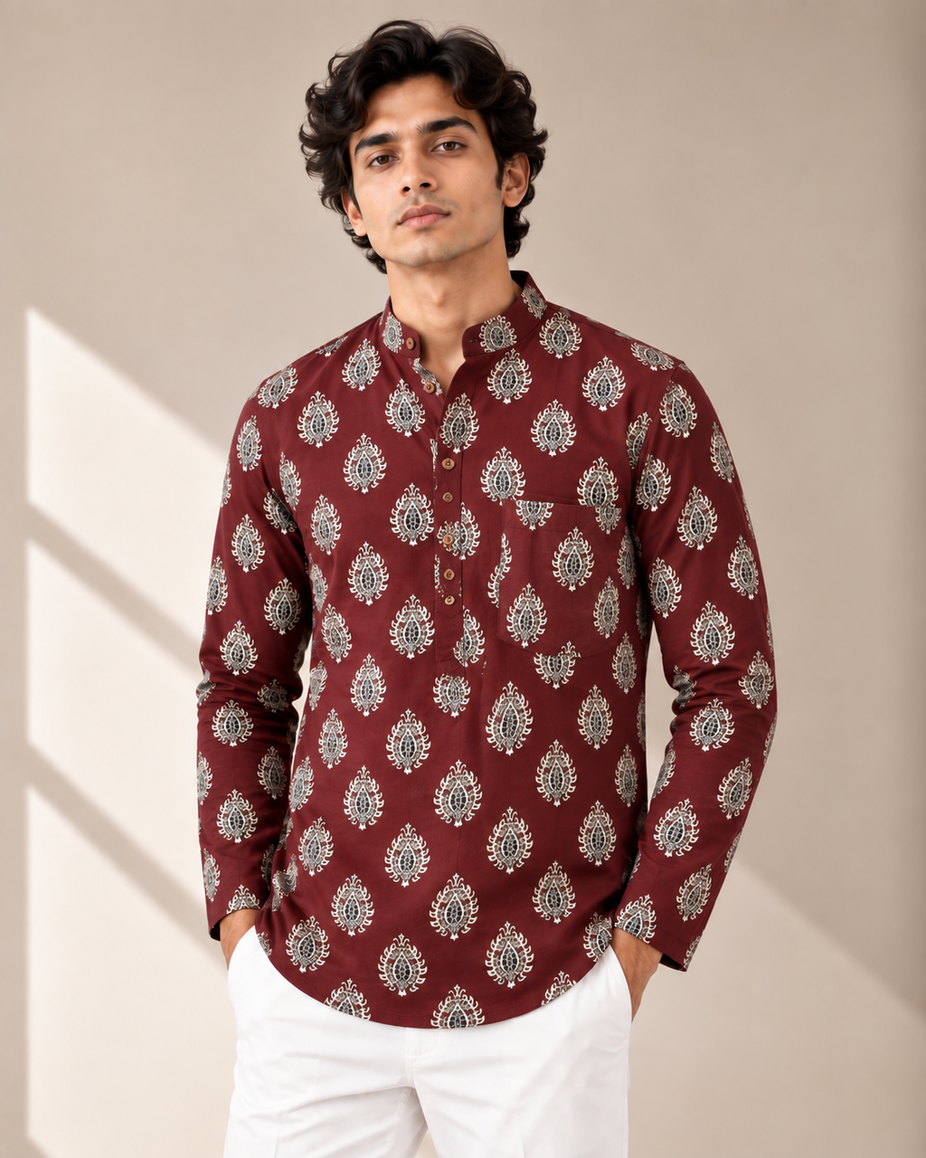 Men's Burgundy Heritage Sanganeri Print Cotton Short Kurta