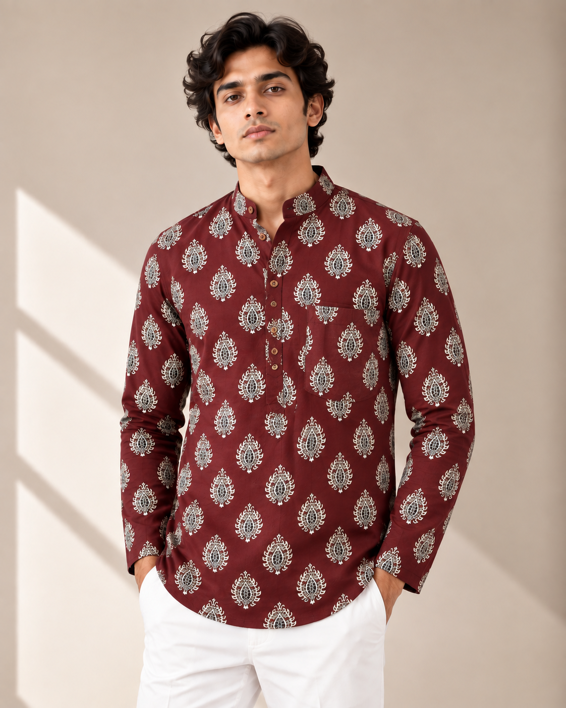 Men's Burgundy Heritage Sanganeri Print Cotton Short Kurta