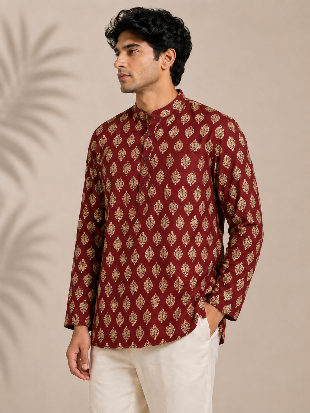 Men's Maroon Sanganeri Print Cotton Short Kurta