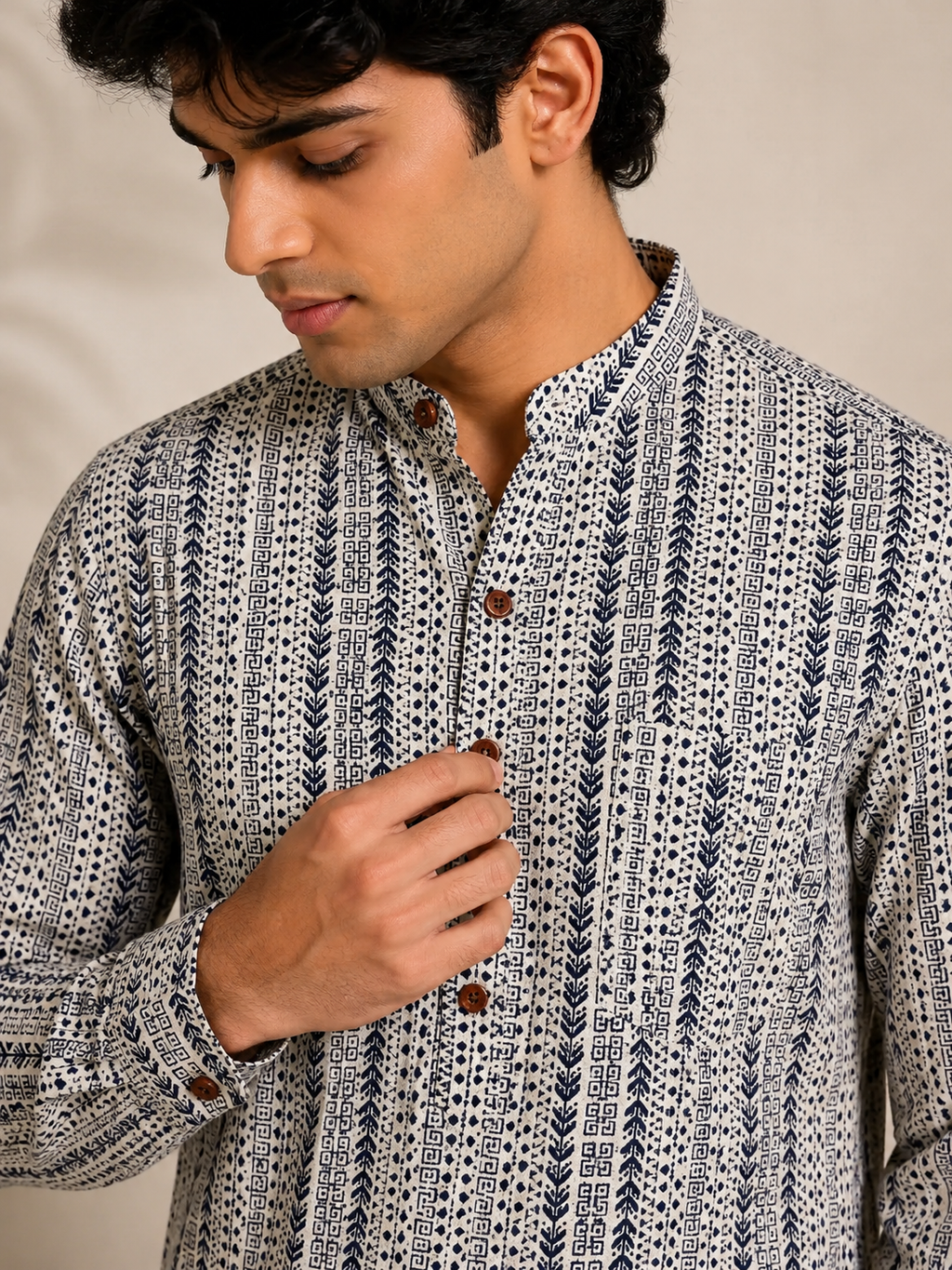 Men's Ivory & Navy Sanganeri Print Cotton Short Kurta