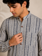 Men's Ivory & Navy Sanganeri Print Cotton Short Kurta