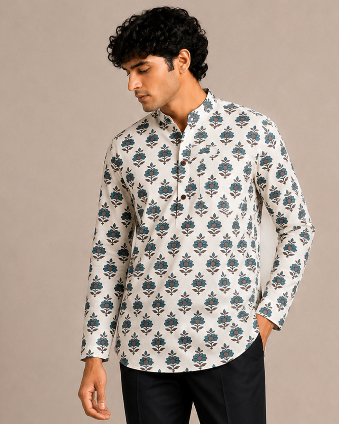 Men’s Ivory Blue Sanganeri Print Cotton Short Kurta