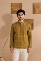 Men's Mustard Sanganeri Print Cotton Short Kurta