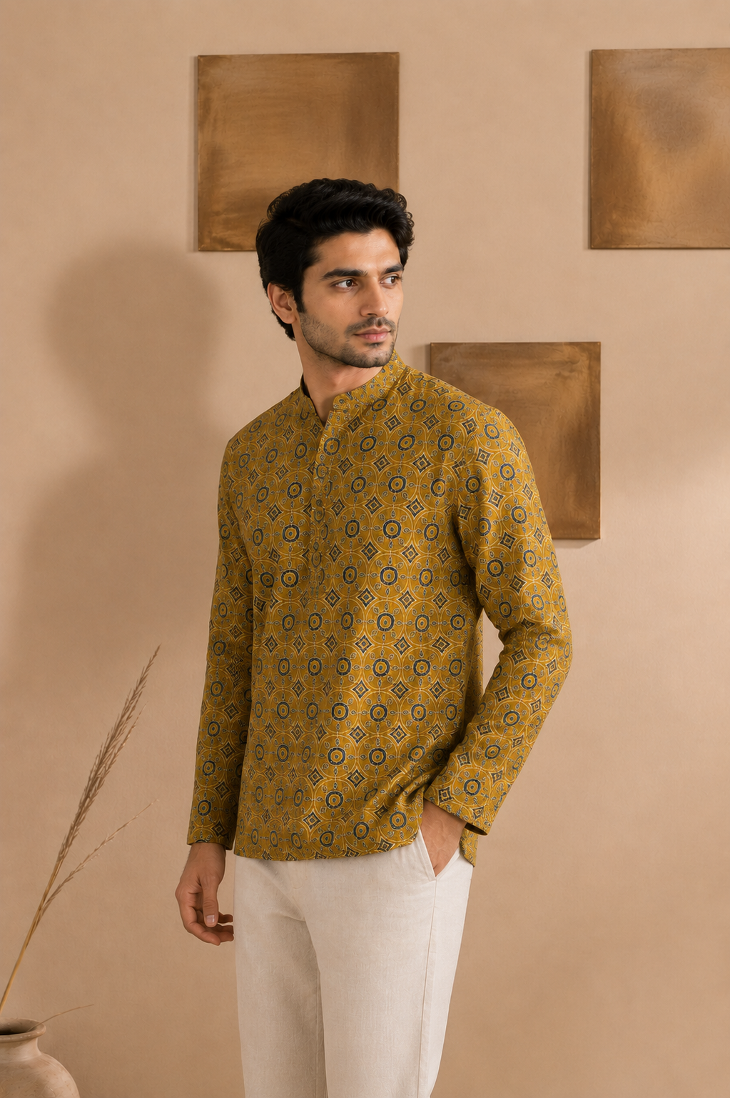 Men's Mustard Sanganeri Print Cotton Short Kurta