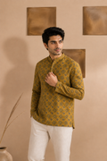Men's Mustard Sanganeri Print Cotton Short Kurta