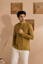 Men's Mustard Sanganeri Print Cotton Short Kurta