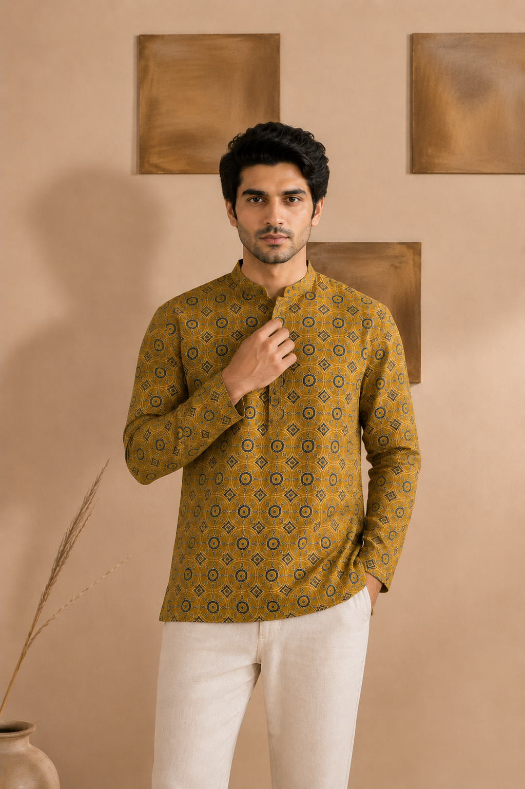 Men's Mustard Sanganeri Print Cotton Short Kurta