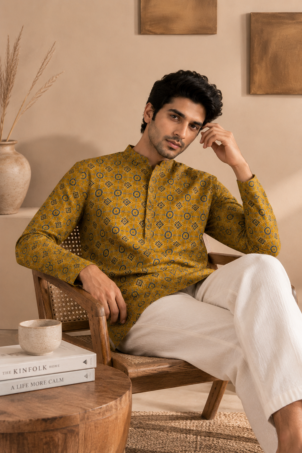 Men's Mustard Sanganeri Print Cotton Short Kurta
