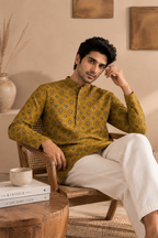 Men's Mustard Sanganeri Print Cotton Short Kurta
