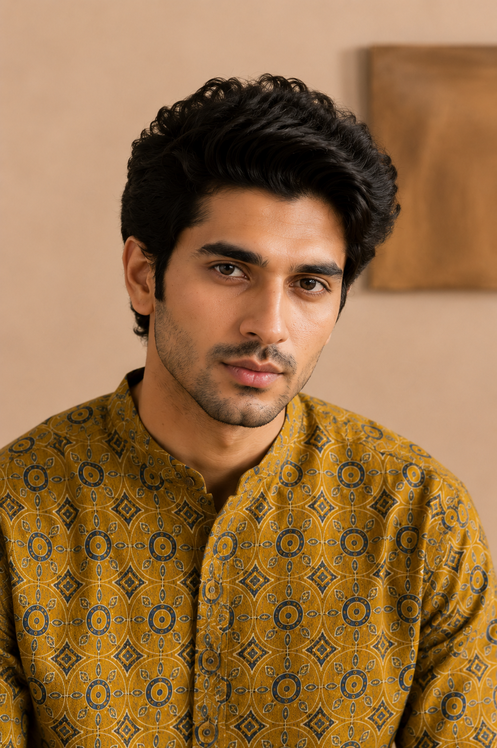 Men's Mustard Sanganeri Print Cotton Short Kurta