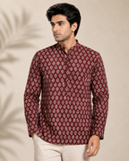 Men's Maroon Sanganeri Print Cotton Short Kurta