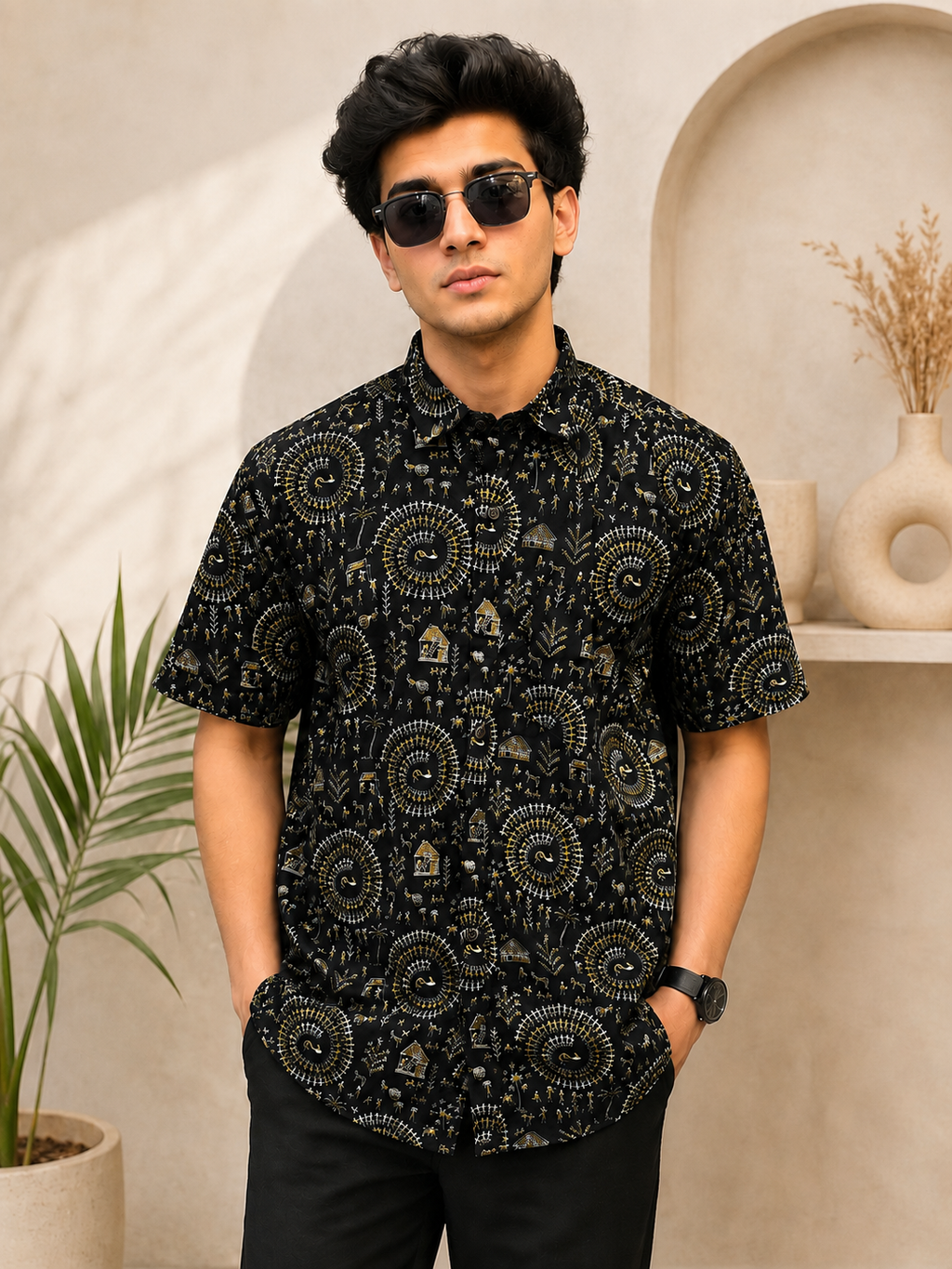 Men’s Black Tribal Sanganeri Print Half Sleeve Casual Shirt