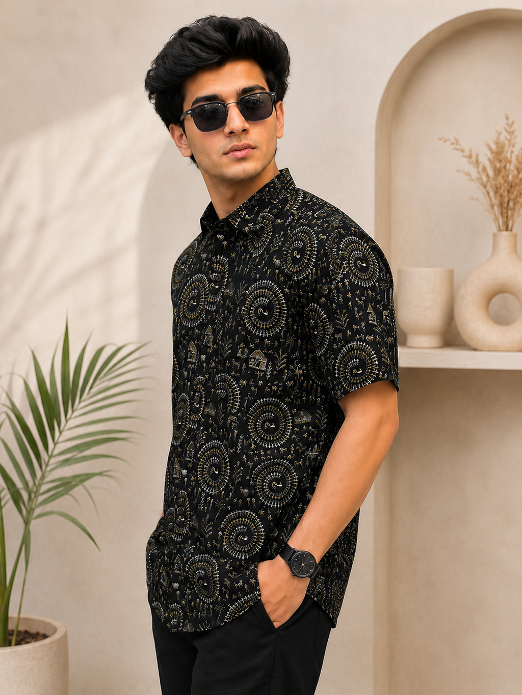Men’s Black Tribal Sanganeri Print Half Sleeve Casual Shirt