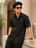 Men’s Black Tribal Sanganeri Print Half Sleeve Casual Shirt