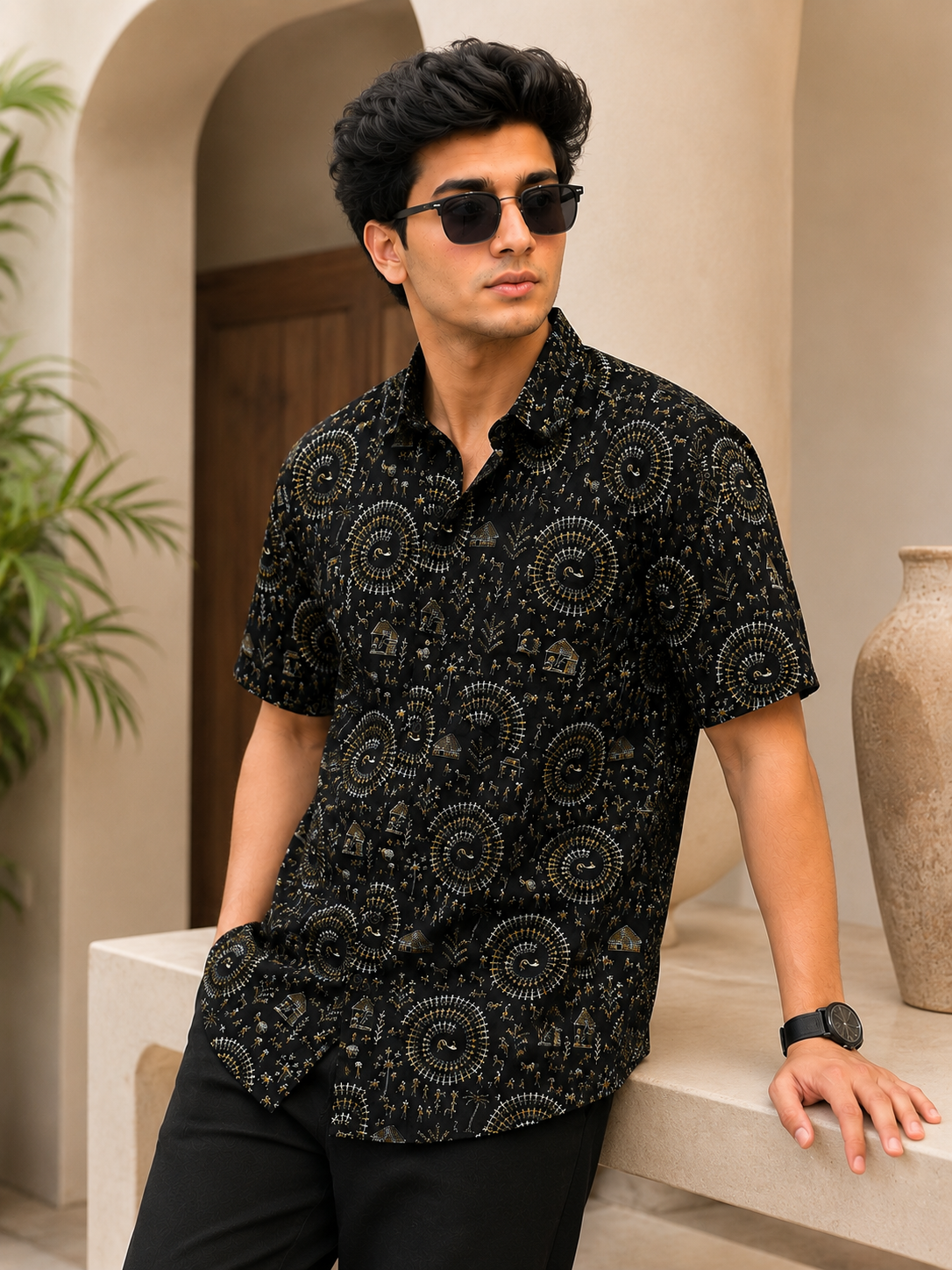 Men’s Black Tribal Sanganeri Print Half Sleeve Casual Shirt