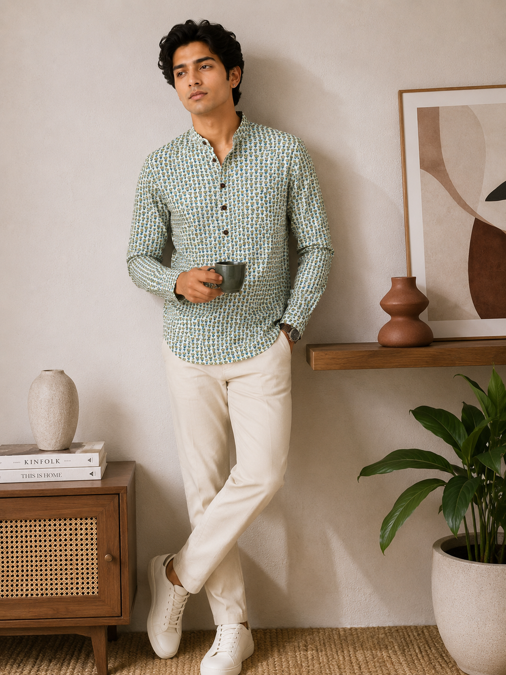 Men's Premium Floral Print Sanganeri Print Cotton Short Kurta