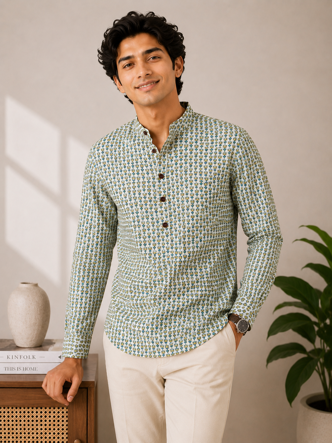 Men's Premium Floral Print Sanganeri Print Cotton Short Kurta