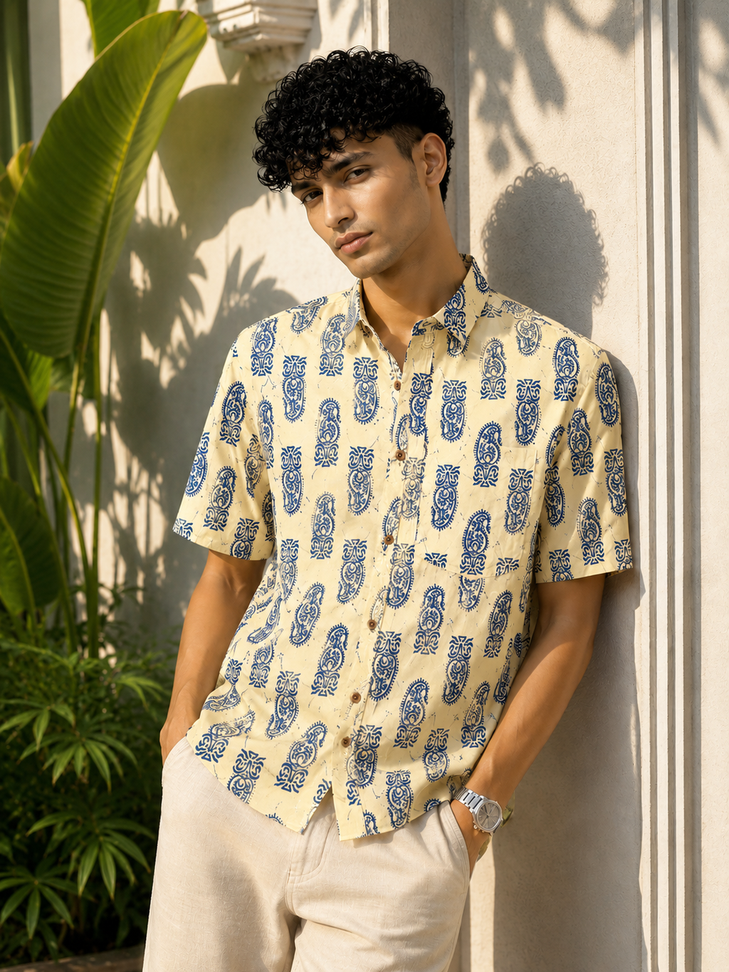 Men’s Beige Sanganeri Print Half Sleeve Cotton Printed Shirt
