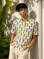 Men’s Beige Sanganeri Print Half Sleeve Cotton Printed Shirt