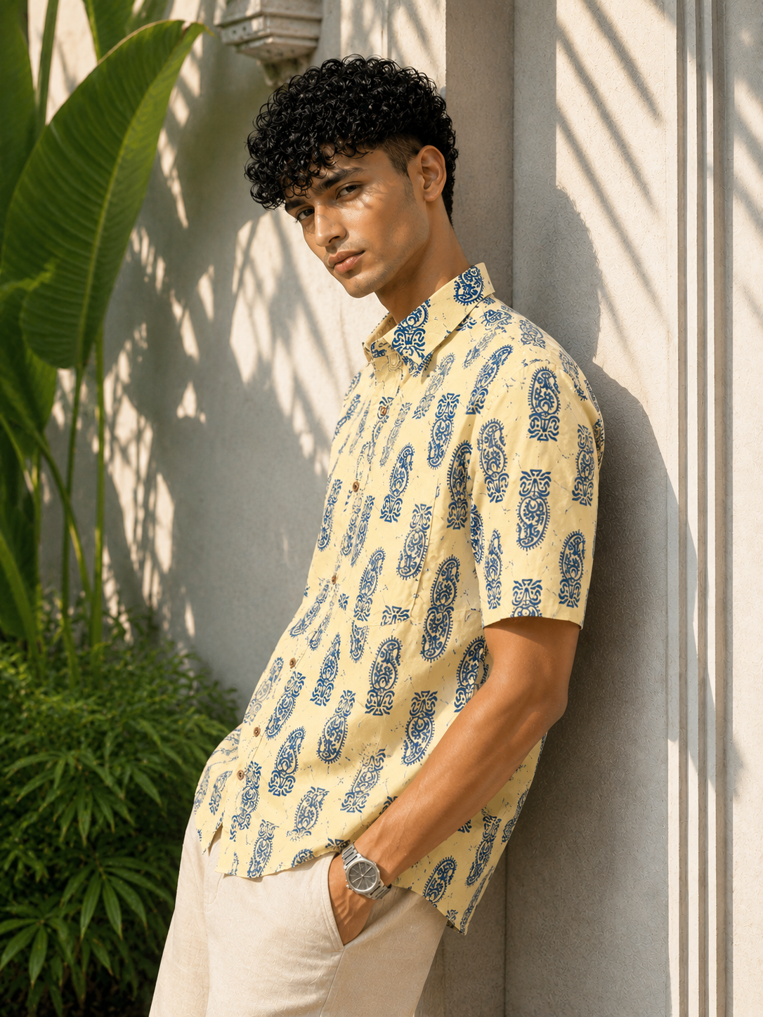 Men’s Beige Sanganeri Print Half Sleeve Cotton Printed Shirt