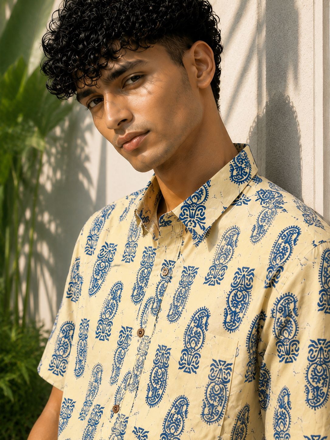 Men’s Beige Sanganeri Print Half Sleeve Cotton Printed Shirt