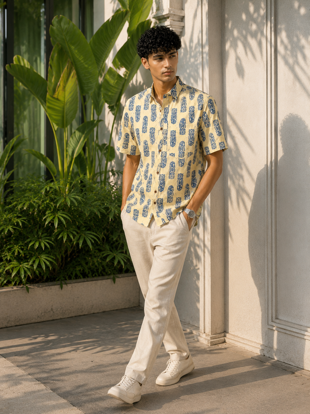 Men’s Beige Sanganeri Print Half Sleeve Cotton Printed Shirt