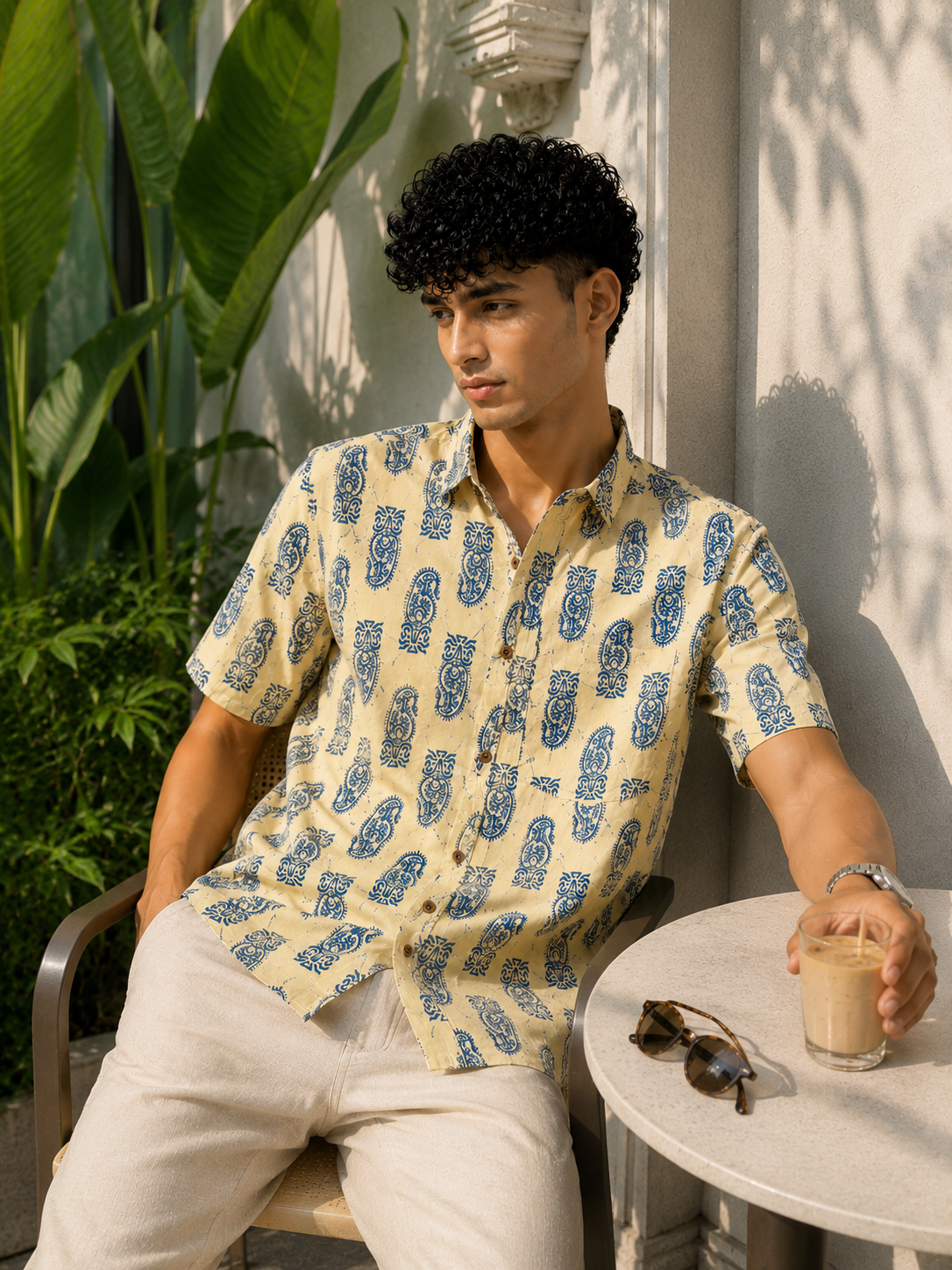 Men’s Beige Sanganeri Print Half Sleeve Cotton Printed Shirt