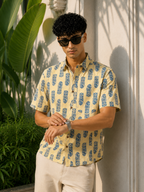 Men’s Beige Sanganeri Print Half Sleeve Cotton Printed Shirt