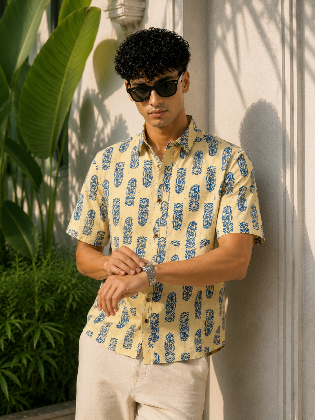Men’s Beige Sanganeri Print Half Sleeve Cotton Printed Shirt