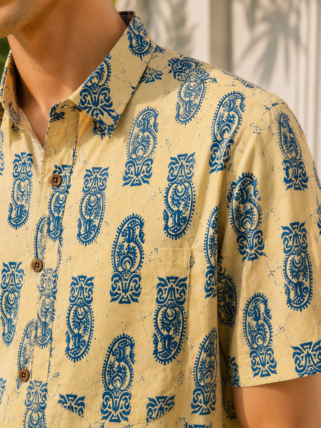 Men’s Beige Sanganeri Print Half Sleeve Cotton Printed Shirt