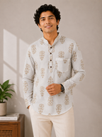 Men’s Ivory Floral Sanganeri Print Cotton Short Kurta
