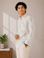 Men’s Ivory Floral Sanganeri Print Cotton Short Kurta