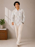 Men’s Ivory Floral Sanganeri Print Cotton Short Kurta