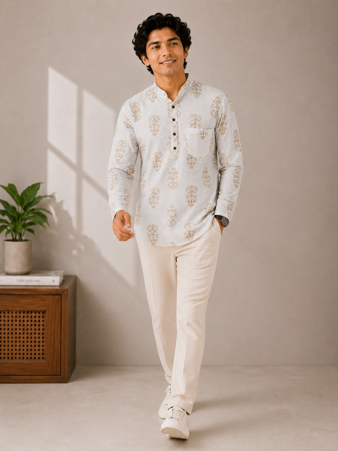 Men’s Ivory Floral Sanganeri Print Cotton Short Kurta