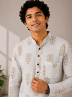 Men’s Ivory Floral Sanganeri Print Cotton Short Kurta
