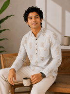 Men’s Ivory Floral Sanganeri Print Cotton Short Kurta