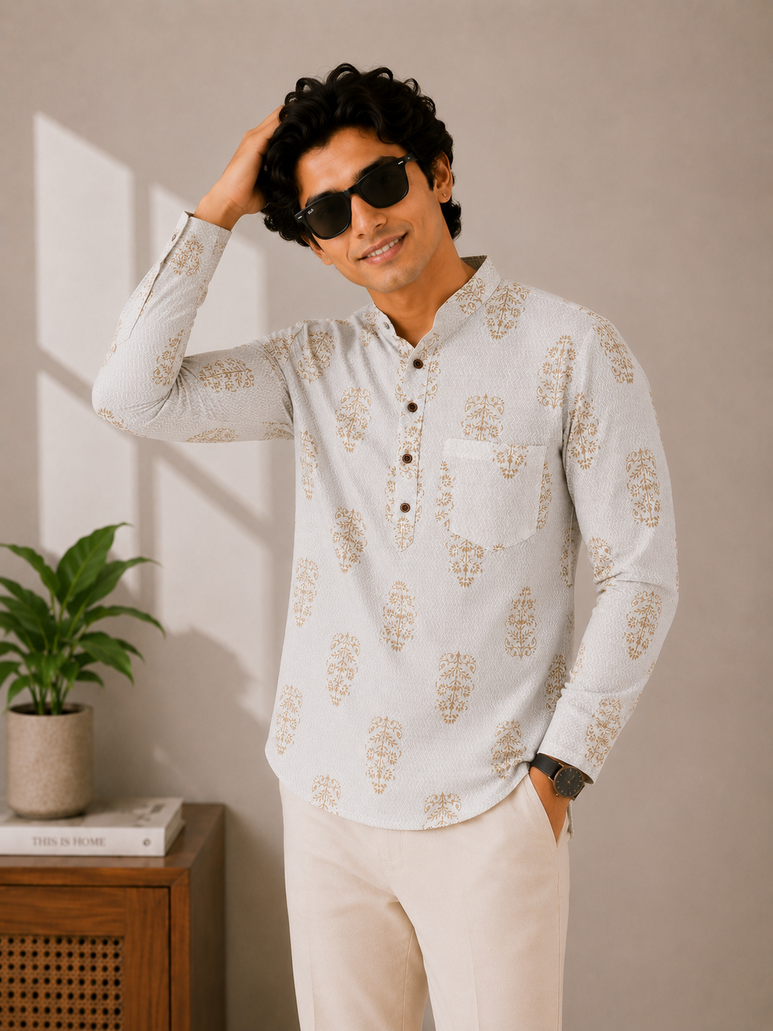 Men’s Ivory Floral Sanganeri Print Cotton Short Kurta