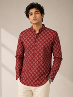 Men’s Maroon Sanganeri Print Cotton Short Kurta
