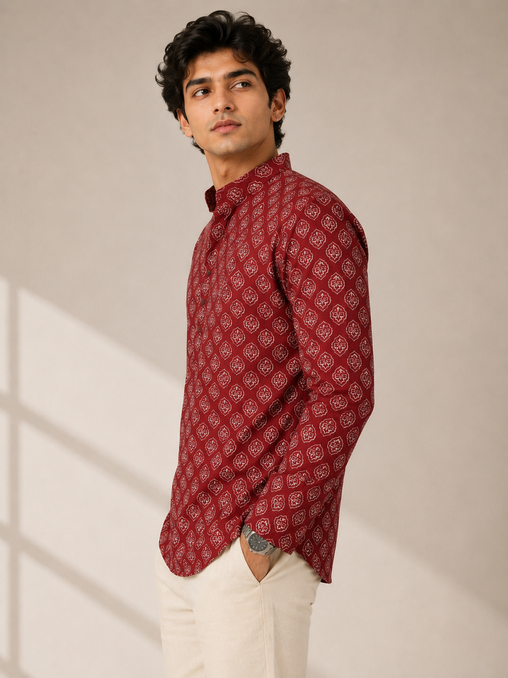 Men’s Maroon Sanganeri Print Cotton Short Kurta