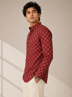 Men’s Maroon Sanganeri Print Cotton Short Kurta