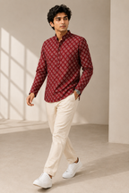 Men’s Maroon Sanganeri Print Cotton Short Kurta