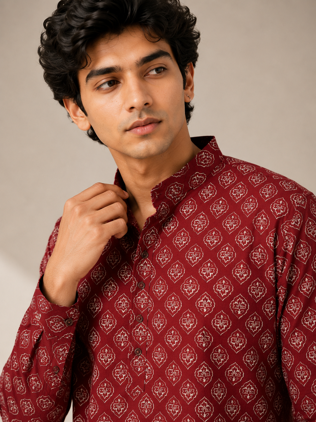 Men’s Maroon Sanganeri Print Cotton Short Kurta