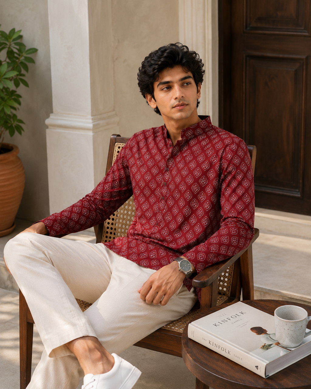 Men’s Maroon Sanganeri Print Cotton Short Kurta