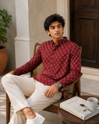 Men’s Maroon Sanganeri Print Cotton Short Kurta